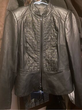 White House Black Market Black Quilted Faux-Leather Jacket with Gold Studs